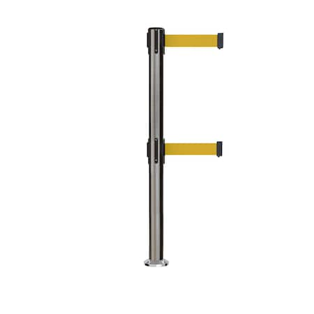 Stanchion Dual Belt Barrier Fixed Base Sat.Steel Post 9ft.Yellow Belt